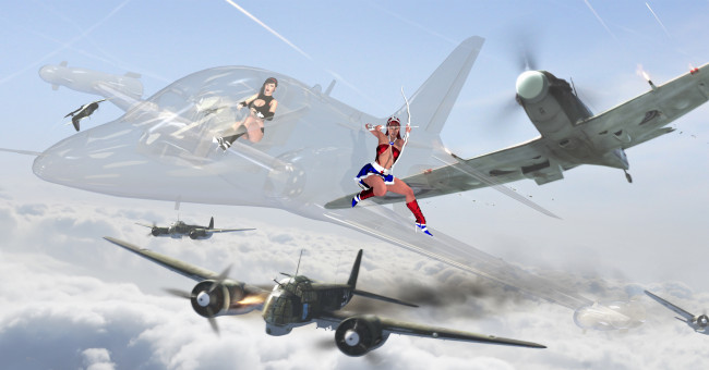 Обои картинки фото 3д графика, фантазия , fantasy, супермены, полет, самолеты