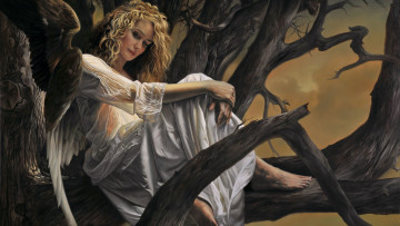 Картинка фэнтези ангелы арт крылья ангел дерево женщина
