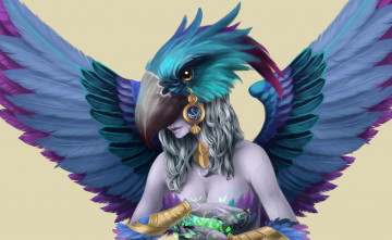 Картинка фэнтези существа крылья фон птица девушка