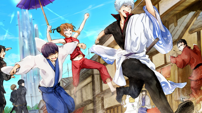 Обои картинки фото аниме, gintama, группа, парни, арт