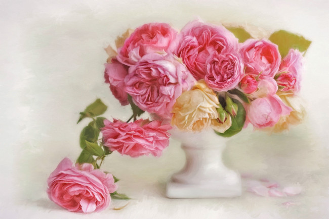 Обои картинки фото рисованное, цветы, лепестки, розы, арт, ваза