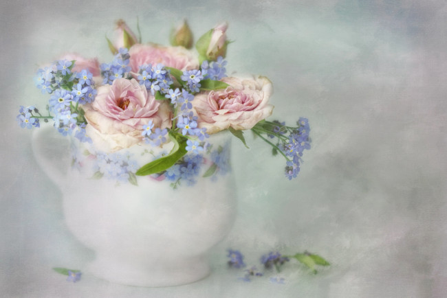 Обои картинки фото рисованное, цветы, незабудки, арт, розы, ваза