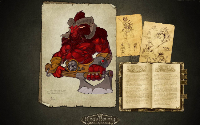 Обои картинки фото видео игры, king`s bounty,  the legend, пергамент, демон, рисунки, книга