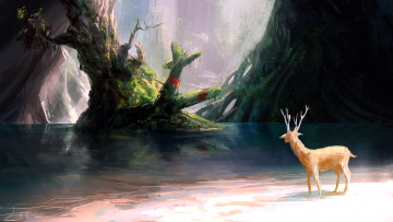 Картинка рисованное животные +олени олень берег озеро самолет деревья
