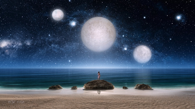 Обои картинки фото 3д, графика, fantasy, фантазия, камни, ночь, звездное, небо, звезды, планеты, три, море