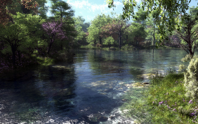 Обои картинки фото 3д, графика, nature, landscape, природа, деревья, река