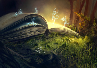 обоя фэнтези, призраки, папортник, книга, магия, духи, цветы, арт, лес