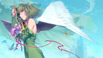 Картинка аниме idolm@ster сакэ крылья ангел девушка nemeko платье птицы цветы ленты бутылка takagaki kaede cinderella