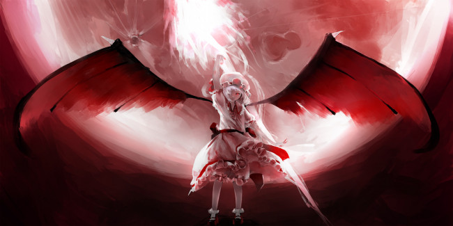 Обои картинки фото аниме, touhou, девушка, полнолуние, луна, крылья, демон, karasu-san, remilia, scarlet