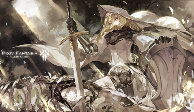 Обои картинки фото аниме, pixiv fantasia, щит, fallen, kings, меч, воин, девушка, saberiii, броня, кости, скелет