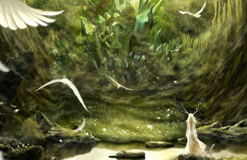 Картинка аниме животные +существа bouno satoshi девушка арт камни кристаллы лес рога птицы