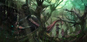 Картинка аниме животные +существа арт syo5 мальчик девочка дети лес деревья монстр природа