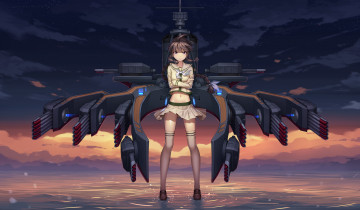 Картинка аниме kantai+collection kantai collection kitakami kancolle арт закат вода девушка оружие athrun1120