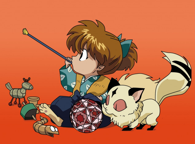 Обои картинки фото аниме, inuyasha, shippou, kirara, кирара, шиппо, мяч, игрушки, лисёнок