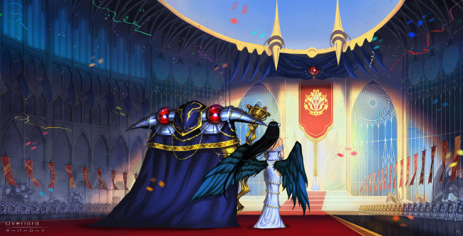 Обои картинки фото аниме, overlord, albedo, darkmuleth, арт, девушка, крылья, владыка, зал