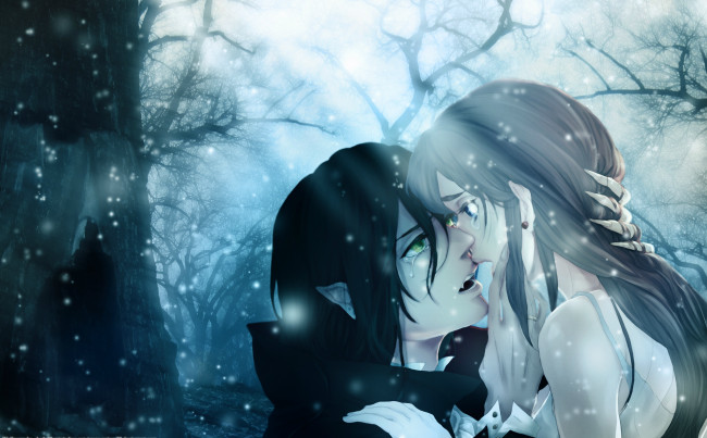 Обои картинки фото аниме, bleach, светлячки, сумрак, лес, vampire, kiss, слёзы, девушка, вампир