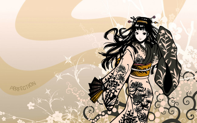 Обои картинки фото аниме, unknown,  другое, eri, kamijou, кимоно, танец, девочка, art, веер, узор