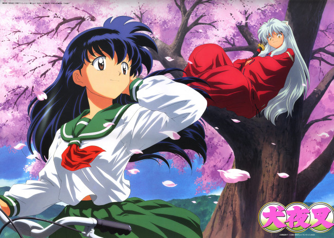 Обои картинки фото аниме, inuyasha, дерево, весна, кагоме, higurashi, kagome, инуяша