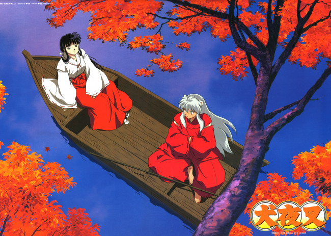 Обои картинки фото аниме, inuyasha, инуяша, кикио, озеро, лодка