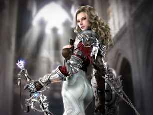 Картинка 3д+графика фантазия+ fantasy щит меч девушка латы воительница