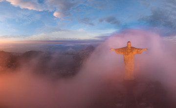 обоя города, рио-де-жанейро , бразилия, утро, туман, горы, море, облака, небо, статуя