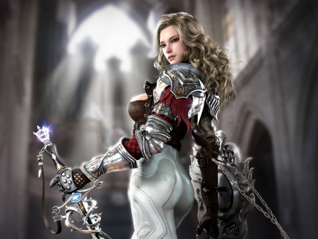 Обои картинки фото 3д графика, фантазия , fantasy, щит, меч, девушка, латы, воительница