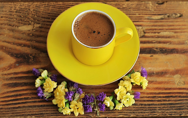 Обои картинки фото еда, кофе,  кофейные зёрна, блюдце, цветы, чашка