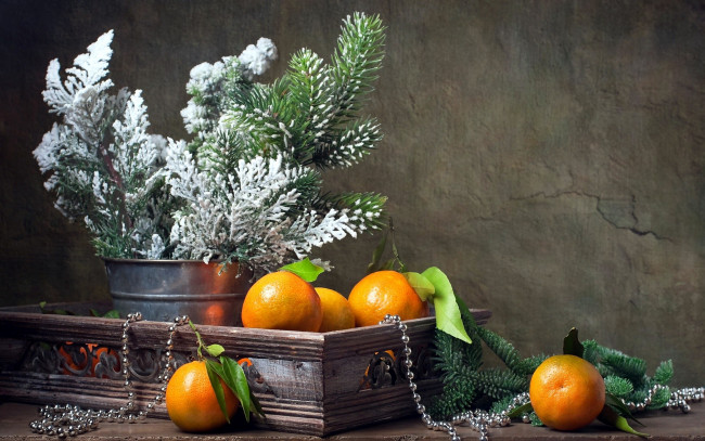Обои картинки фото праздничные, угощения, цитрусы, мандарины, еловые, ветки, бусы