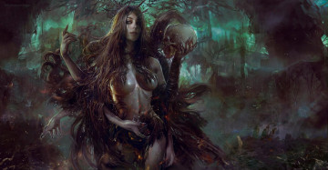 Картинка фэнтези демоны женщина череп руки город