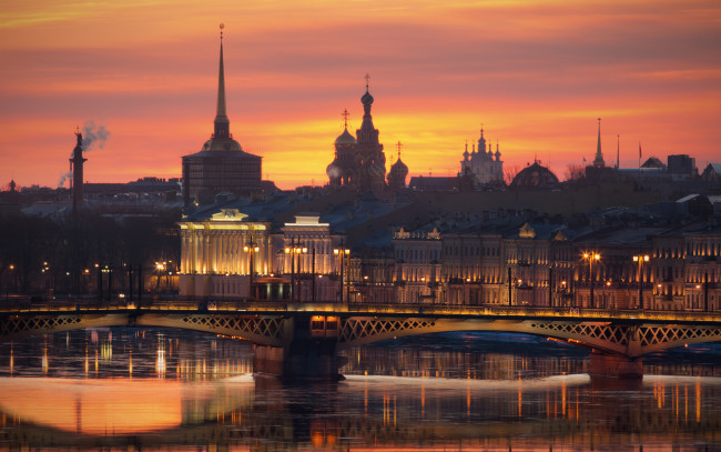 Обои картинки фото города, санкт-петербург,  петергоф , россия, санкт, петербург, 4к, закат, городской, вид, мосты