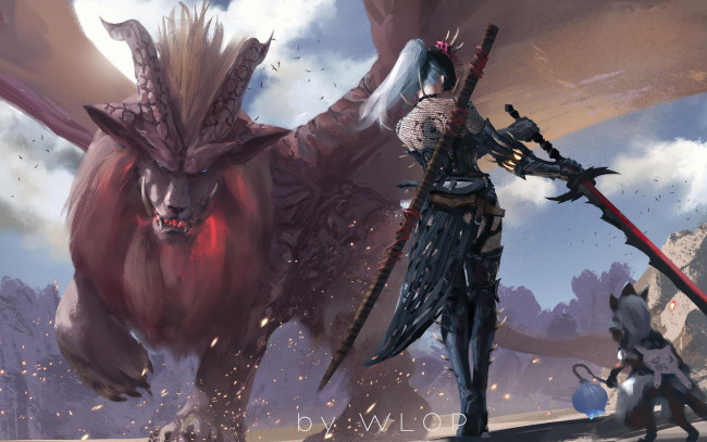 Обои картинки фото видео игры, monster hunter world, девушка, оружие, монстр, крылья