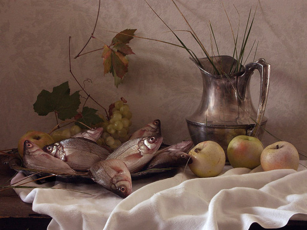 Обои картинки фото натюрморт, со, свежей, рыбой, авт, vldr, еда