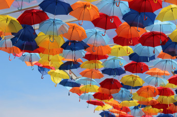 Картинка разное сумки кошельки зонты яркие разноцветные зонтики небо