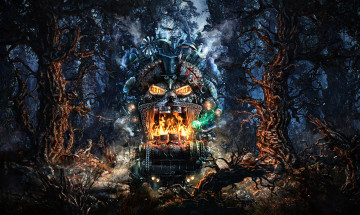 Картинка фэнтези роботы киборги механизмы лес дерево огонь