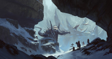 Картинка фэнтези драконы лошадь арт снег горы скалы дракон люди воины