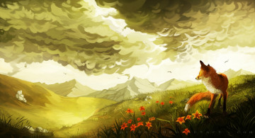 Картинка рисованное животные +лисы облака птицы цветы холмы зелень лиса пейзаж