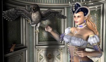 Картинка 3д+графика фантазия+ fantasy сова мышь корона взгляд девушка