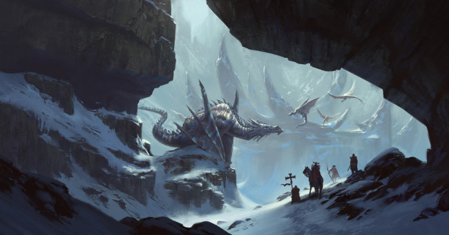 Обои картинки фото фэнтези, драконы, лошадь, арт, снег, горы, скалы, дракон, люди, воины