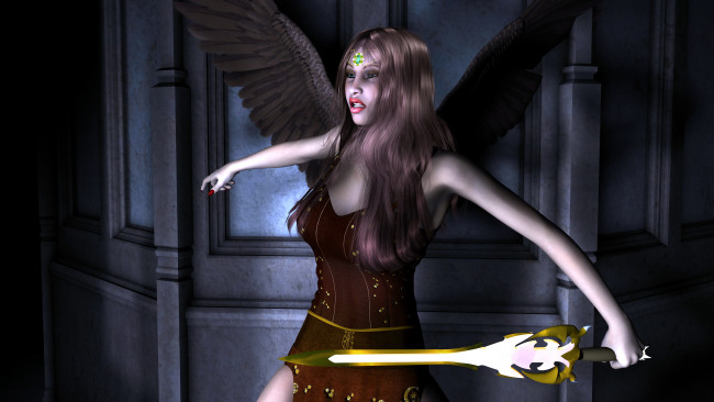 Обои картинки фото 3д графика, ангел , angel, девушка, взгляд, меч, ангел