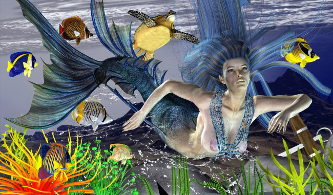 Обои картинки фото 3д графика, существа , creatures, черепаха, рыбы, девушка, море, русалка, водоросли, фон, взгляд