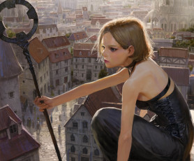 Картинка фэнтези девушки арт посох взгляд девушка город