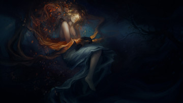 Картинка фэнтези девушки арт корни платье листья темный фон девушка дерево