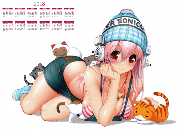 Обои картинки фото календари, аниме, девушка, белый, фон, 2018, наушники, шапка, кошка