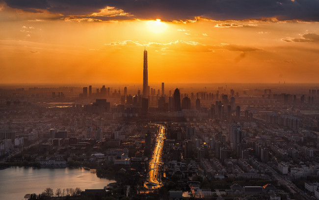 Обои картинки фото tianjin, china, города, - панорамы, небоскребы, город, панорама, китай, азия, закат, тяньцзинь