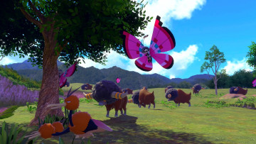 обоя видео игры, new pokemon snap, буйволы, бабочки, птица, поляна