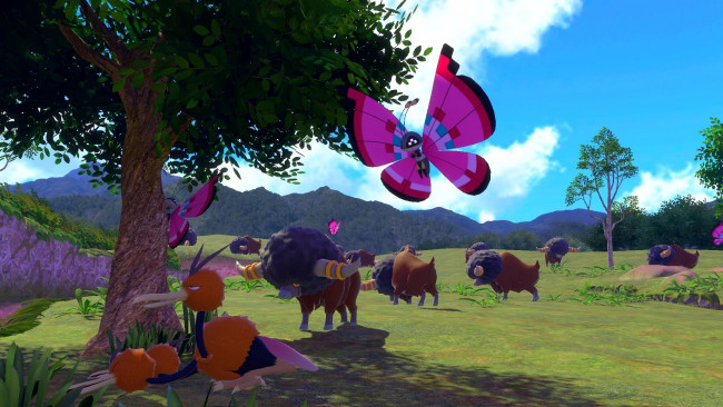 Обои картинки фото видео игры, new pokemon snap, буйволы, бабочки, птица, поляна