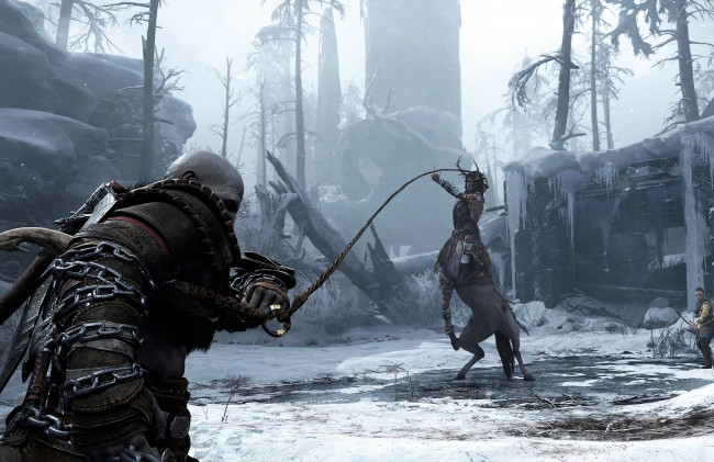 Обои картинки фото видео игры, god of war,  ragnarok, кратос, цепь, кентавр, поединок, снег