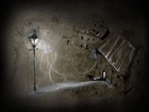Картинка рисованные города by smokepaint арт стиль ночь дома вьюга фонари человек frightful night