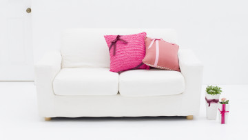 обоя интерьер, мебель, подушки, стиль, дизайн, розовый, бантик, растения, цветы, белый