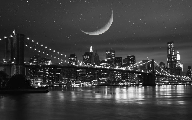 Обои картинки фото города, нью, йорк, сша, new, york, город, ночь, луна, река